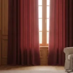 Épais rideaux thermiques en velours bordeaux devant une fenêtre avec double vitrage, intérieur chaleureux hivernal, lumière naturelle tamisée