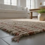 Tapis en laine naturelle épaisse posé sur carrelage froid dans un salon chaleureux, lumière naturelle, tons beige et bois