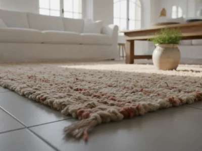Tapis en laine naturelle épaisse posé sur carrelage froid dans un salon chaleureux, lumière naturelle, tons beige et bois