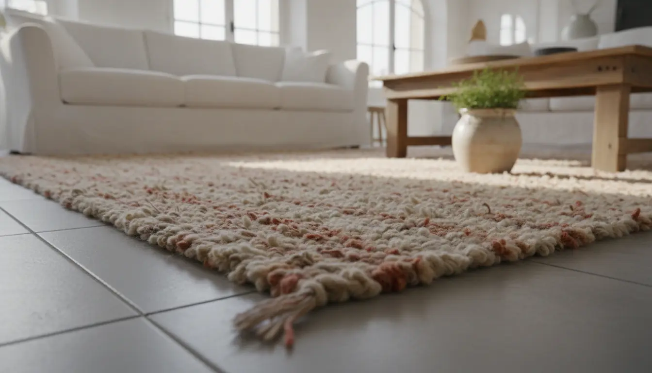 Tapis en laine naturelle épaisse posé sur carrelage froid dans un salon chaleureux, lumière naturelle, tons beige et bois