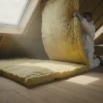 Rouleaux d'isolant thermique laine de verre déroulés dans des combles, ouvrier posant l'isolation entre les solives en bois