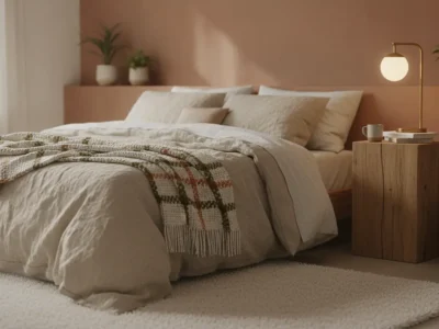 Chambre cocooning avec mur terracotta, linge de lit en lin beige et éclairage doré tamisé