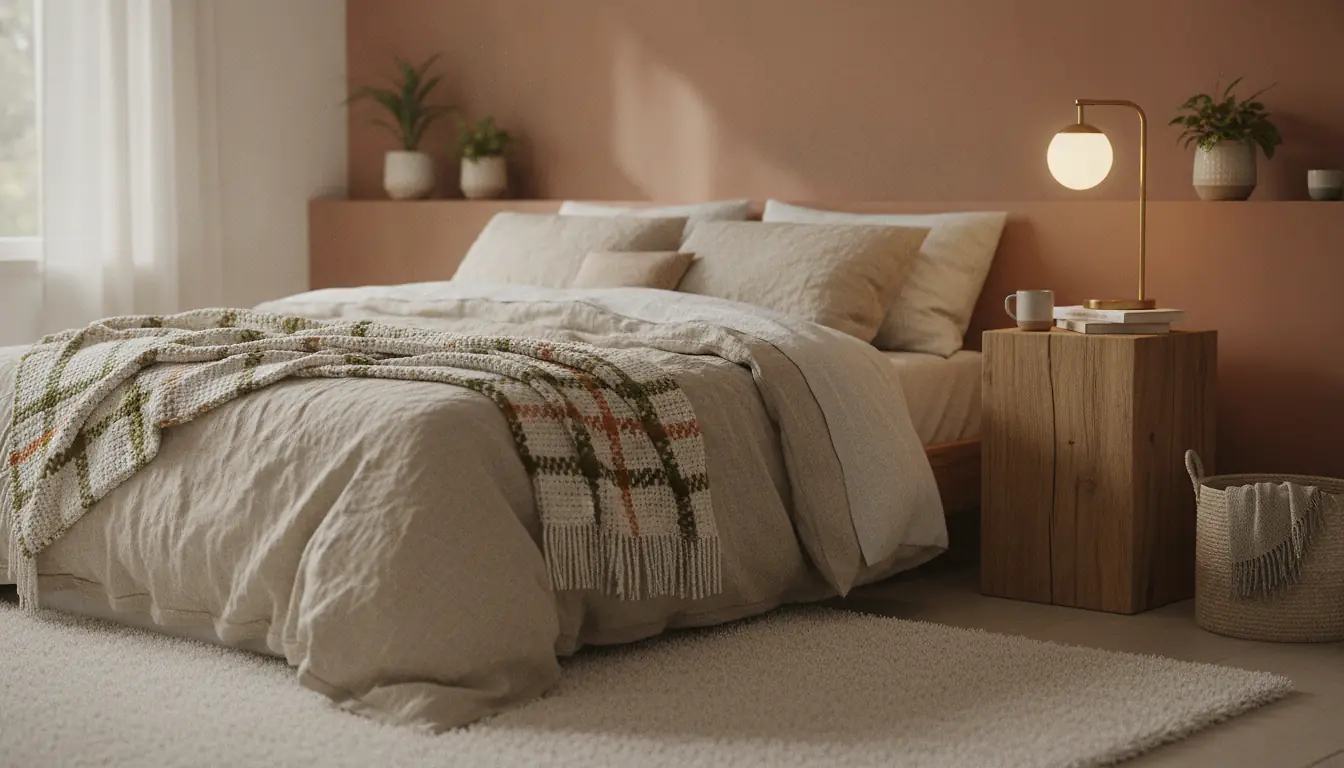 Chambre cocooning avec mur terracotta, linge de lit en lin beige et éclairage doré tamisé