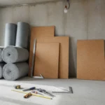 Rouleaux de laine de roche et panneaux de liège posés contre un mur en béton pendant des travaux d'isolation intérieure