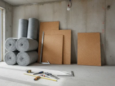 Rouleaux de laine de roche et panneaux de liège posés contre un mur en béton pendant des travaux d'isolation intérieure