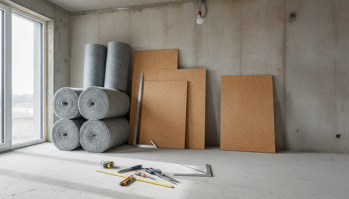 Rouleaux de laine de roche et panneaux de liège posés contre un mur en béton pendant des travaux d'isolation intérieure