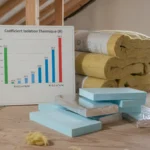 Rouleaux de laine de verre et plaques de polyuréthane empilés dans des combles pour isolation thermique