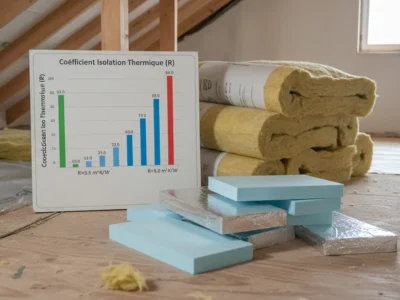 Rouleaux de laine de verre et plaques de polyuréthane empilés dans des combles pour isolation thermique