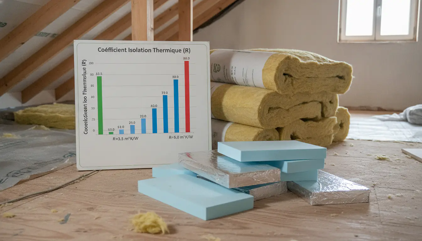 Rouleaux de laine de verre et plaques de polyuréthane empilés dans des combles pour isolation thermique