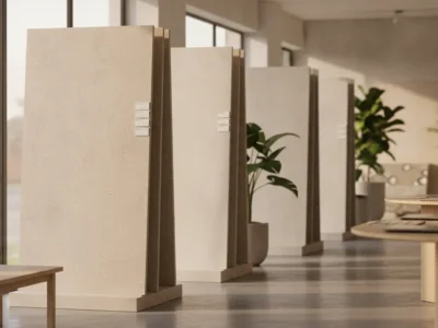 Showroom de carrelage moderne avec échantillons de grès cérame beige et gris