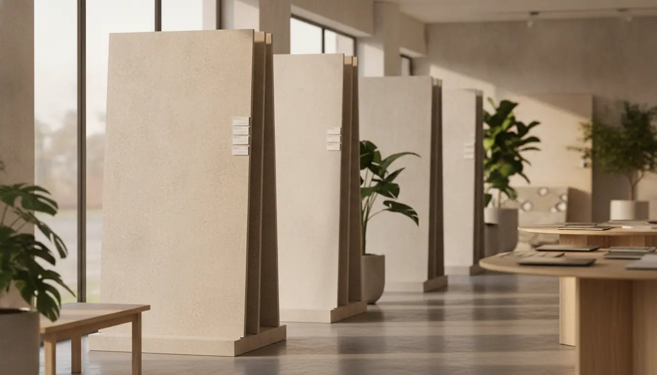 Showroom de carrelage moderne avec échantillons de grès cérame beige et gris
