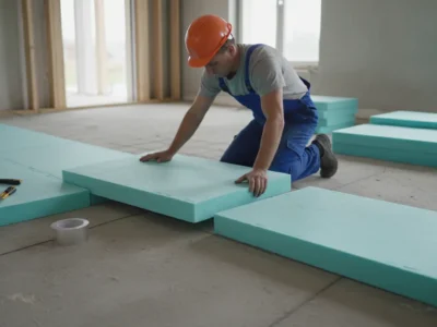 Ouvrier posant des panneaux isolants XPS sur une dalle béton lors de travaux d'isolation thermique des sols, lumière naturelle de chantier résidentiel