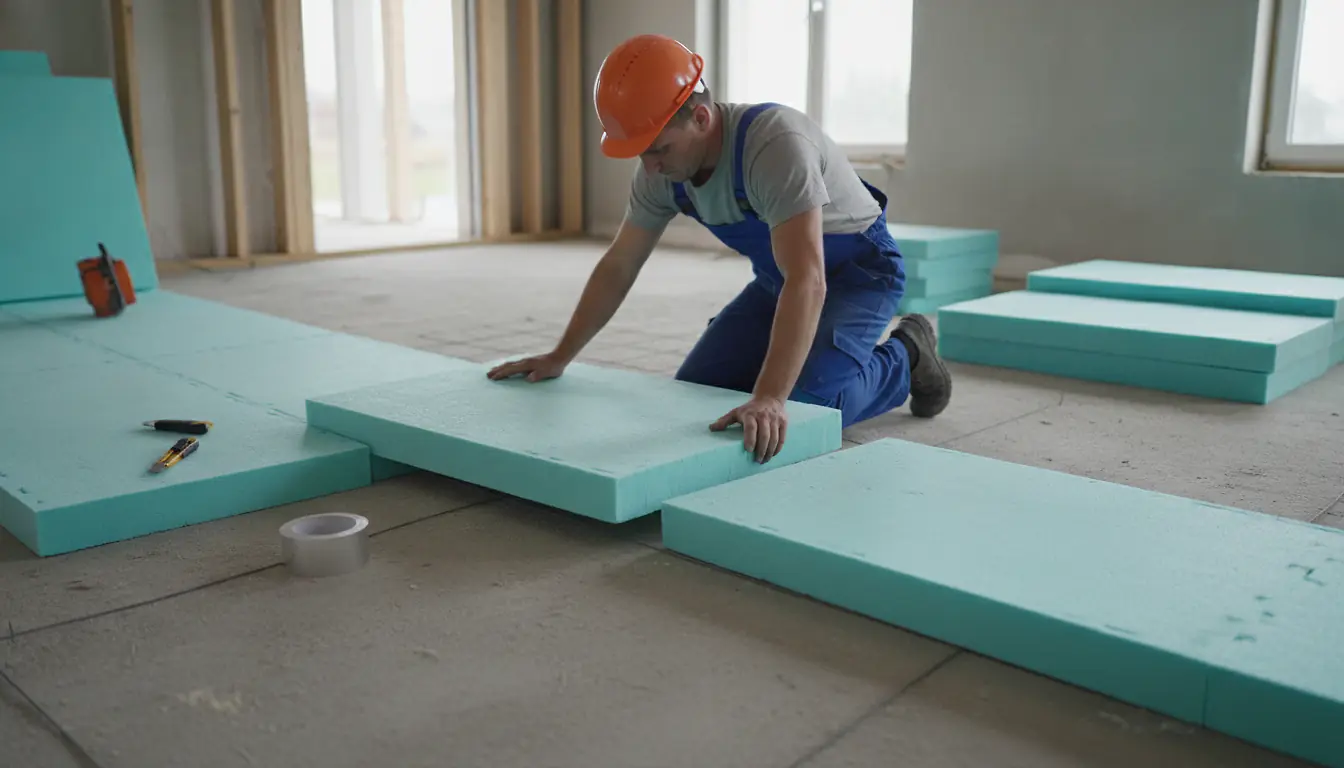 Ouvrier posant des panneaux isolants XPS sur une dalle béton lors de travaux d'isolation thermique des sols, lumière naturelle de chantier résidentiel