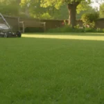 Pelouse verte luxuriante entretenue dans un jardin résidentiel, gazon dense au printemps