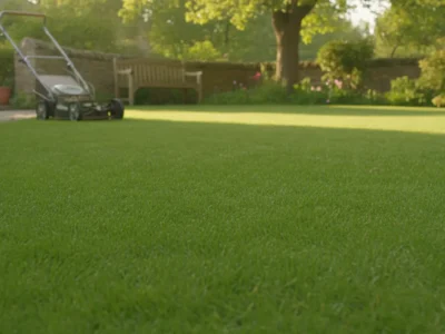 Pelouse verte luxuriante entretenue dans un jardin résidentiel, gazon dense au printemps