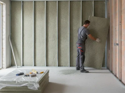 Artisan posant des panneaux d'isolation thermique en laine de roche sur un mur intérieur, chantier de rénovation énergétique